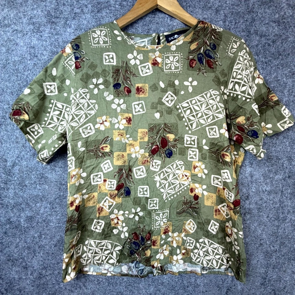VIntage Sag Harbor Blouse Top Womens Small Green Earthy Boho‎ 90s